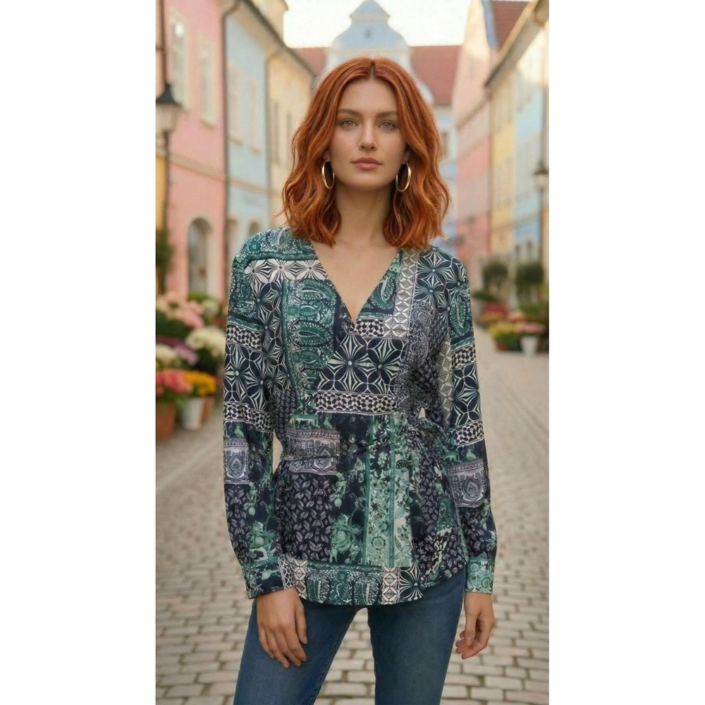Patchwork Wrap Blouse XL Blue Teal Long Sleeve Tie Waist V Neck NWOT Boho Office